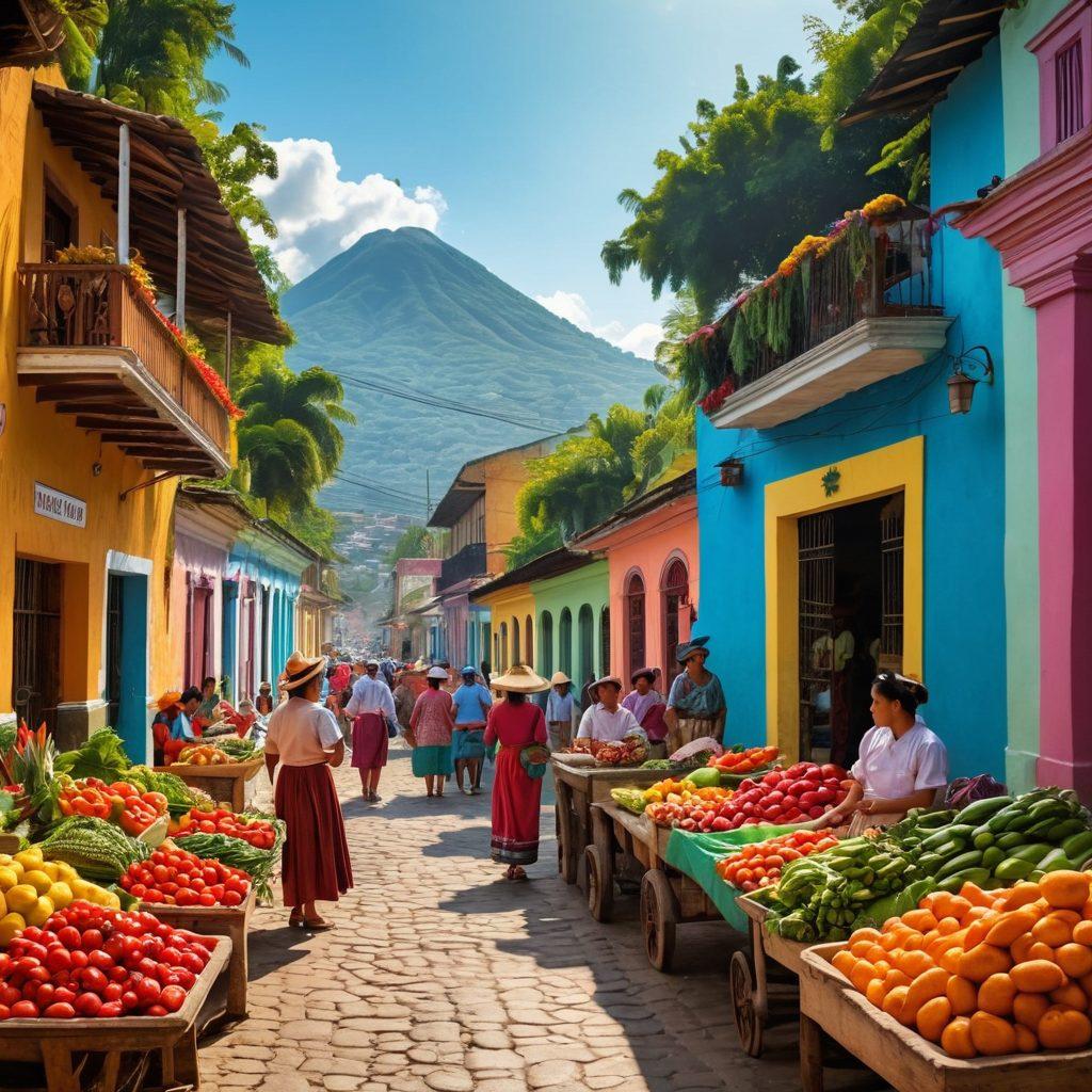 A vibrant street scene in Guatemala showcasing colorful local markets filled with fresh produce and traditional dishes. Include a diverse group of people enjoying local events and sharing food, with traditional music instruments in the background. The backdrop features stunning colonial architecture and lush greenery. Highlight the warmth of Central American culture through bright colors and lively expressions. super-realistic. vibrant colors. 3D.