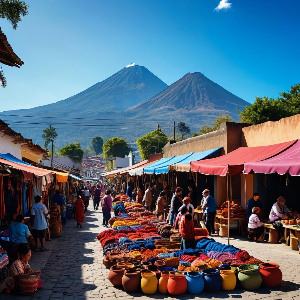A vibrant market scene in Guatemala showcasing traditional textiles, pottery, and local artisans at work, with colorful stalls and tourists engaging with the culture. In the background, majestic volcanoes rise against a clear blue sky, symbolizing the natural beauty of the country. Include elements of joy and community interaction, such as locals sharing stories. warm tones and rich textures. super-realistic. vibrant colors.