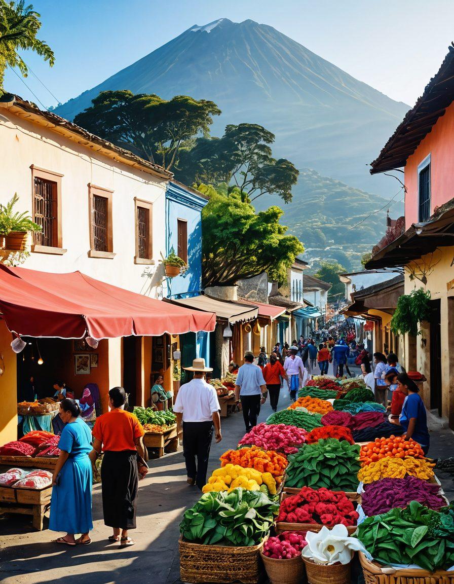 A vibrant street scene in Guatemala showcasing a colorful market filled with traditional textiles, fresh produce, and local crafts. In the background, friendly locals engage in conversation, while tourists observe and take photos. Lush greenery and volcanic mountains rise majestically, symbolizing the rich natural beauty of the region. The sun casts warm light, illuminating the intricate details of the culture. watercolor illustration. vibrant colors.